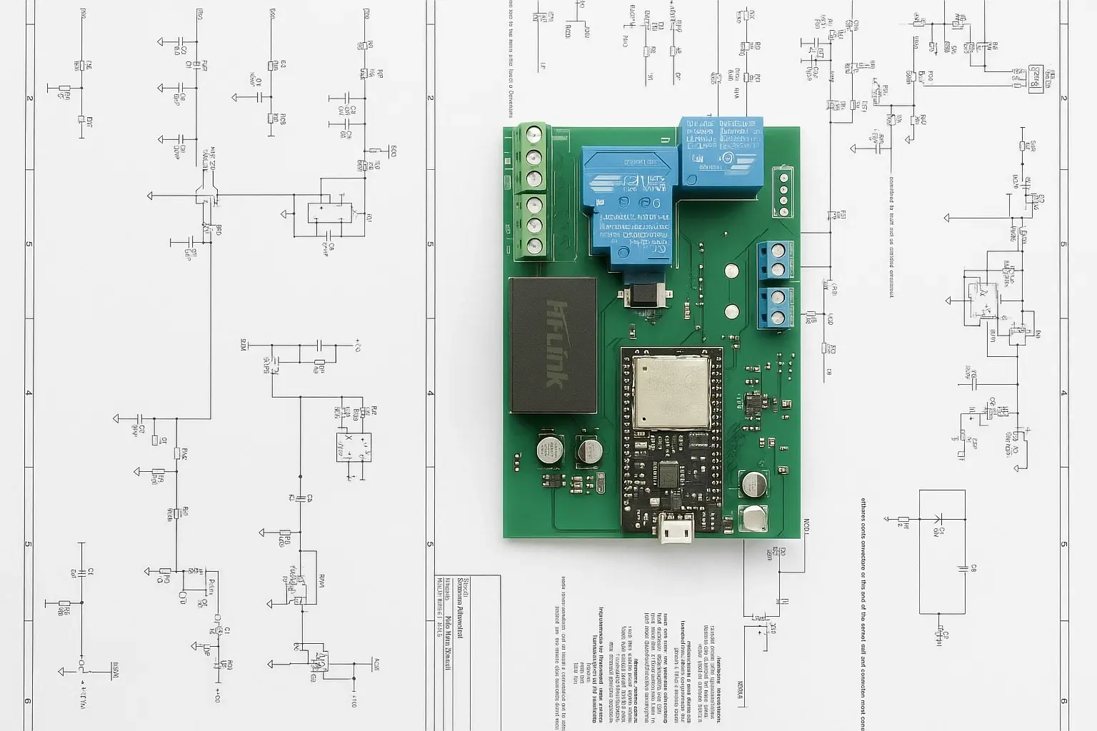 Electronic circuit board with relays, a power supply module, and a microcontroller unit placed on top of a detailed electrical schematic diagram, showcasing a clean and professional hardware design for a smart control project.