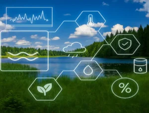 Serene lake surrounded by evergreen forests under a blue sky, with overlaid digital icons representing environmental monitoring metrics like water quality, temperature, air data, rainfall, plant health, and resource levels, showing technology's integration with nature.