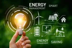 Hand holding a glowing light bulb with digital icons representing smart energy management, including wind turbines, solar panels, battery storage, oil extraction, and home energy use, against a blurred green background