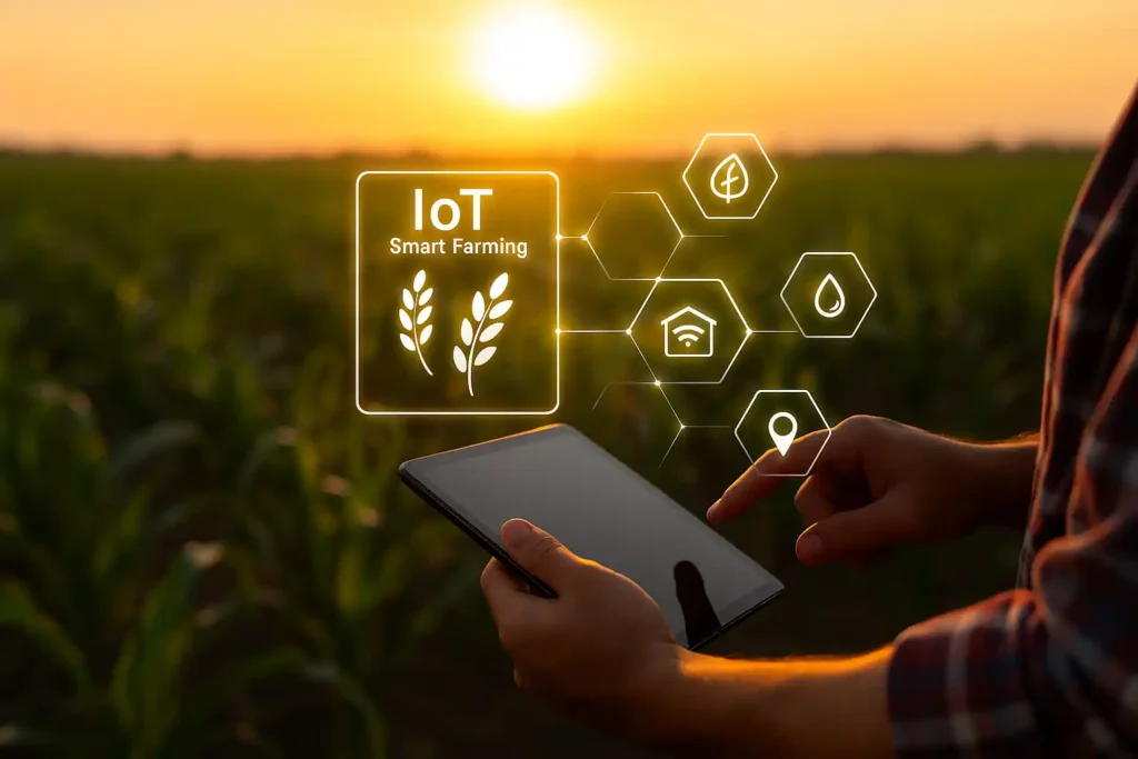 Person using a tablet in a field at sunset, with digital icons overlay showing IoT smart farming tools, including humidity sensors, GPS, wireless connectivity, and environmental monitoring